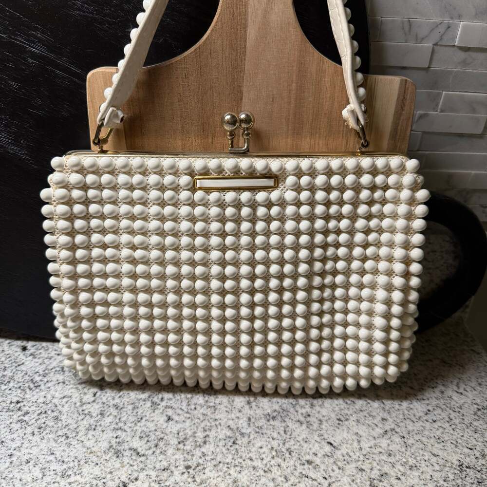 Vintage Grandee Bead White Beaded Double‎ Strap Purse